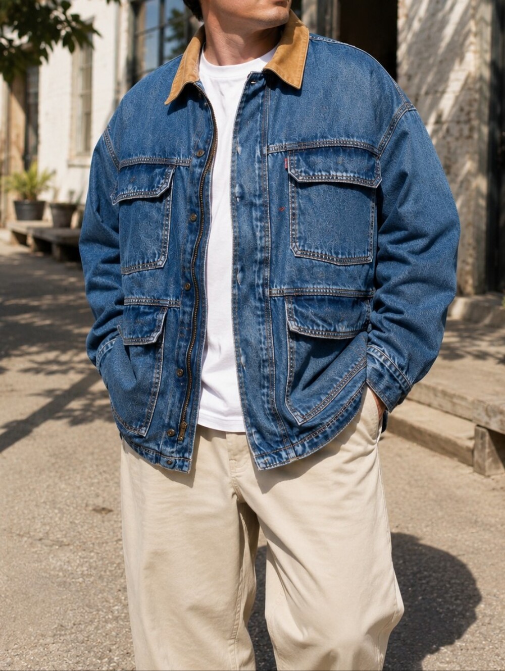 NWT Levi's Blue Denim Field Jacket Tan Corduroy Collar 100% Cotton Utility Chore